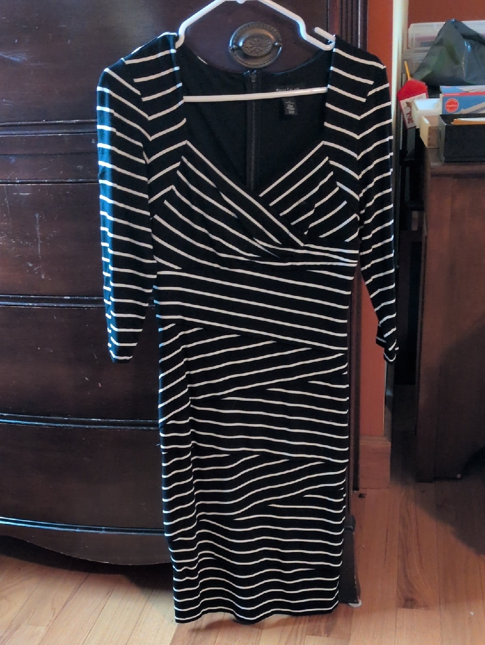 White House Black Market Black and White Striped Wrap-Style Midi Dress